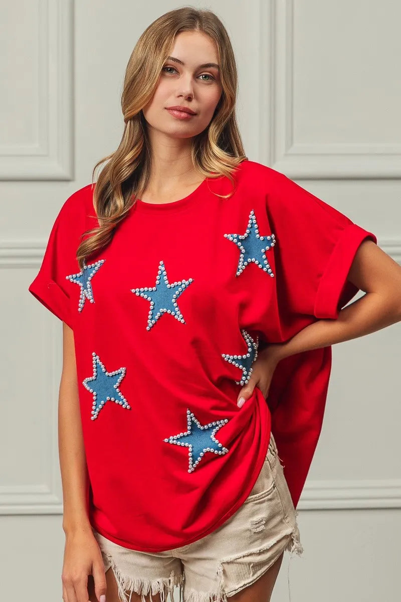 BiBi Red Beaded Stars Appliques Fourth Of July Terry T-Shirt