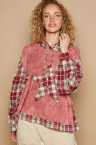 POL Red Bean Washed Star Patch Plaid Long Sleeve Hooded Top Trendsi