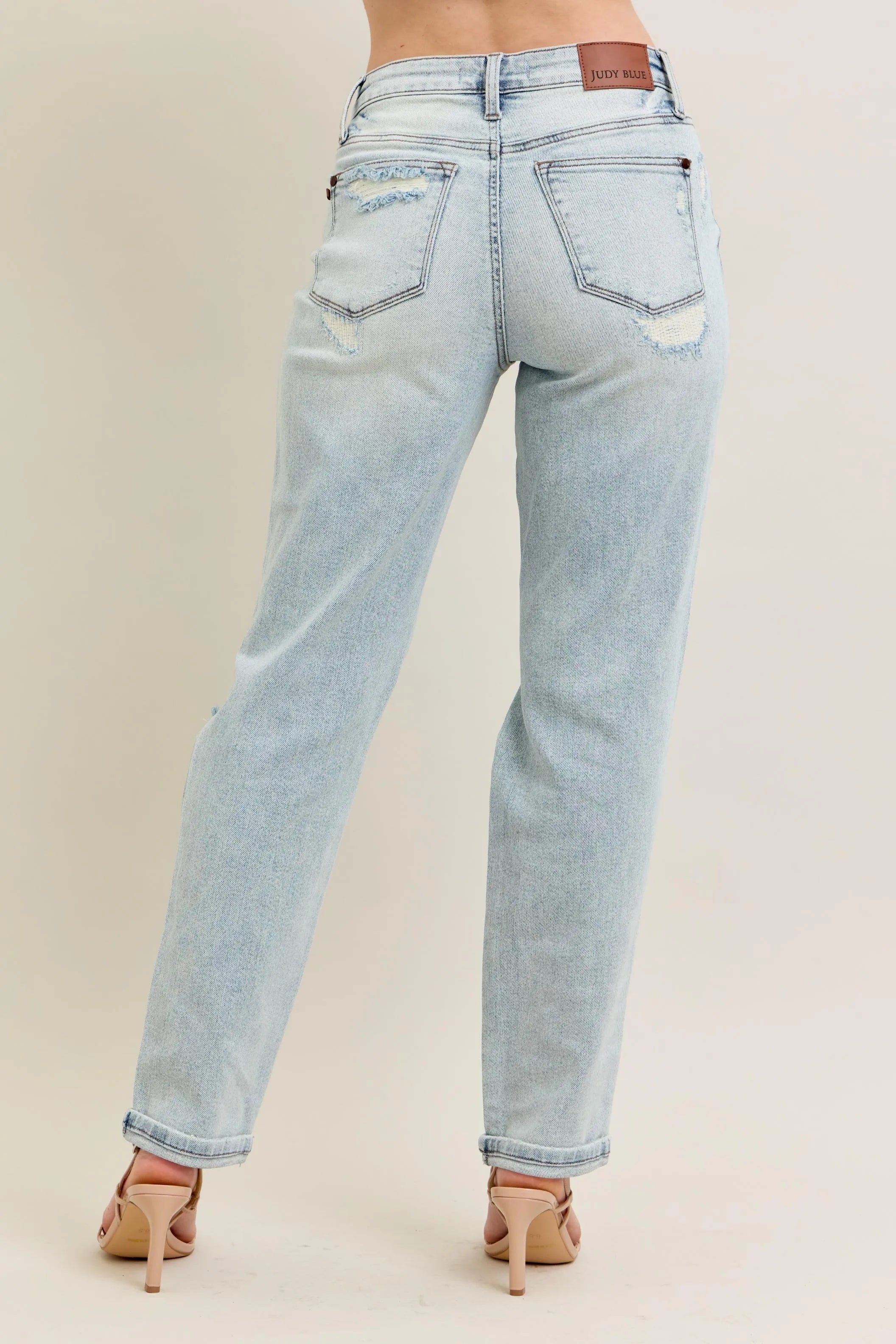 Judy Blue Midrise Repair Stitch Detail Destroy Single Cuff Boyfriend Jeans