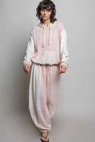 POL Mixed Knit Contrast Print Sleeve Hoodie with Kangaroo Pocket