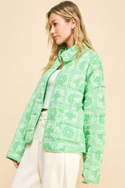 Davi & Dani Neon Green Bandanna Vintage Print Quilted Open Front Jacket with Pockets Coats & Jackets