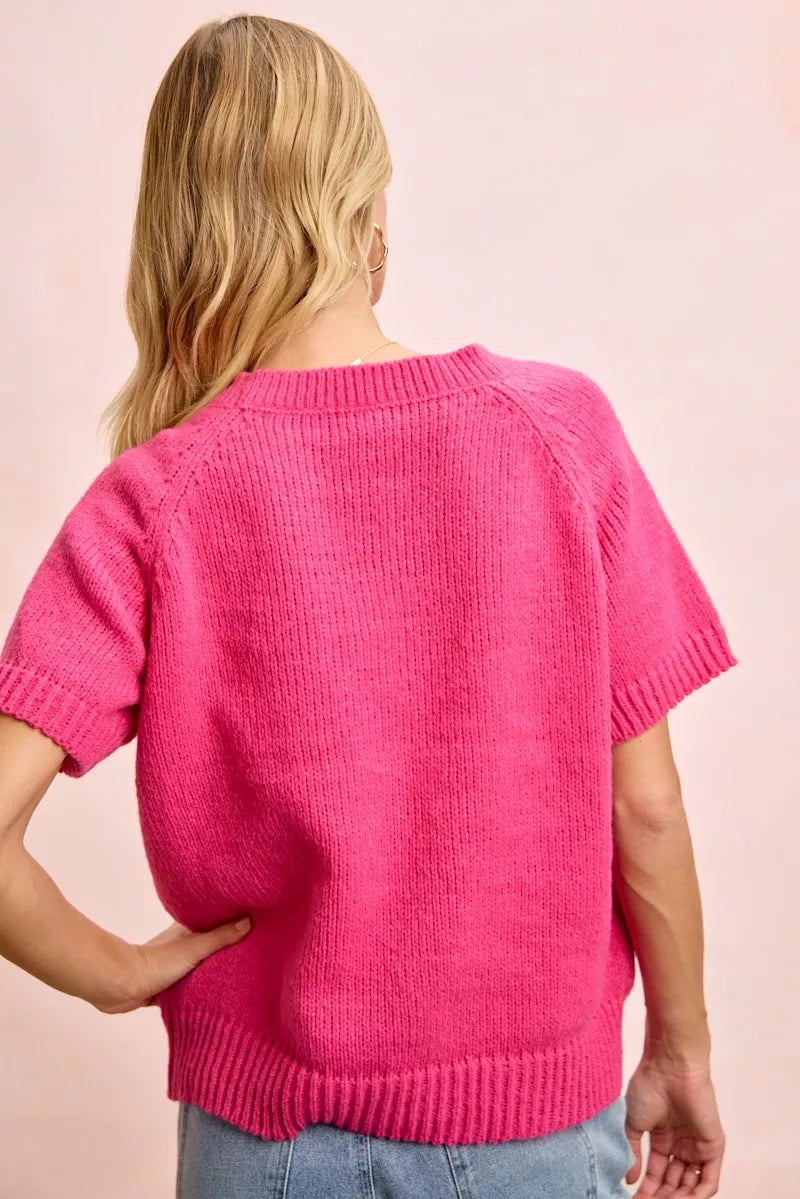 BiBi FuchsiaFlower Embroidered Short Sleeves Knit Top