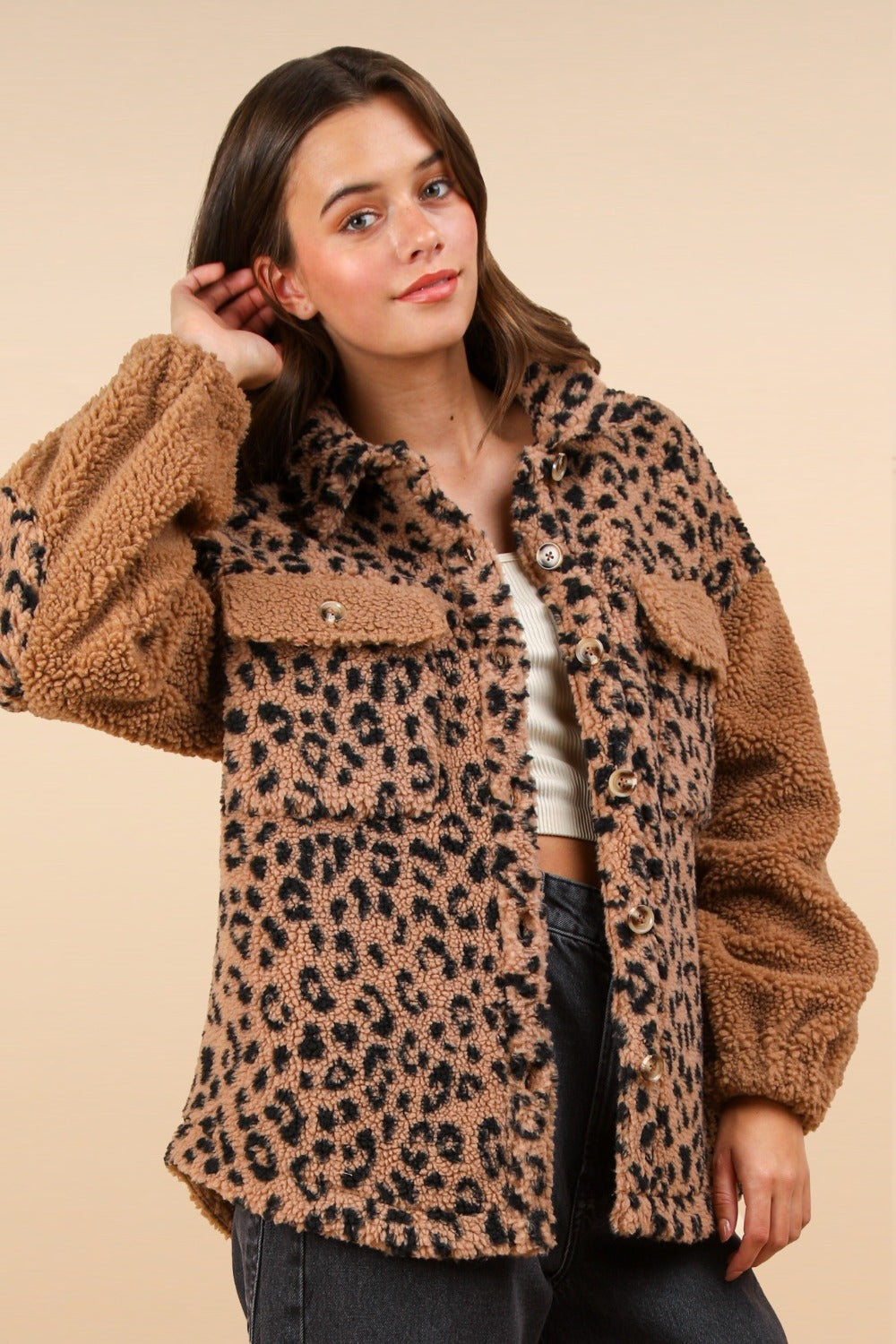 VERY J Fuzzy Leopard Button Down Long Sleeve Jacket Trendsi