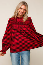Haptics Red Frilled Mock Neck Gingham Check Woven Blouse