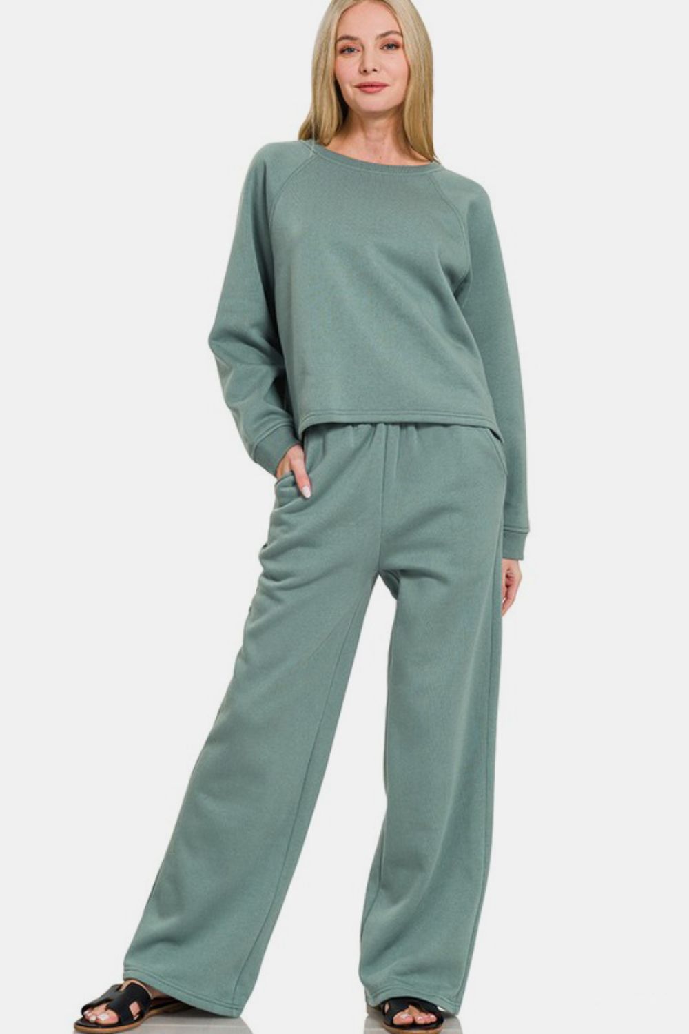 Zenana Round Fleece Neck Raglan Sleeve Top and Elastic Waist Pants Set in Air Force Blue Air Force Blue Loungewear