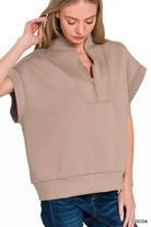 Zenana Cocoa Scuba High Neck Half Zip Top