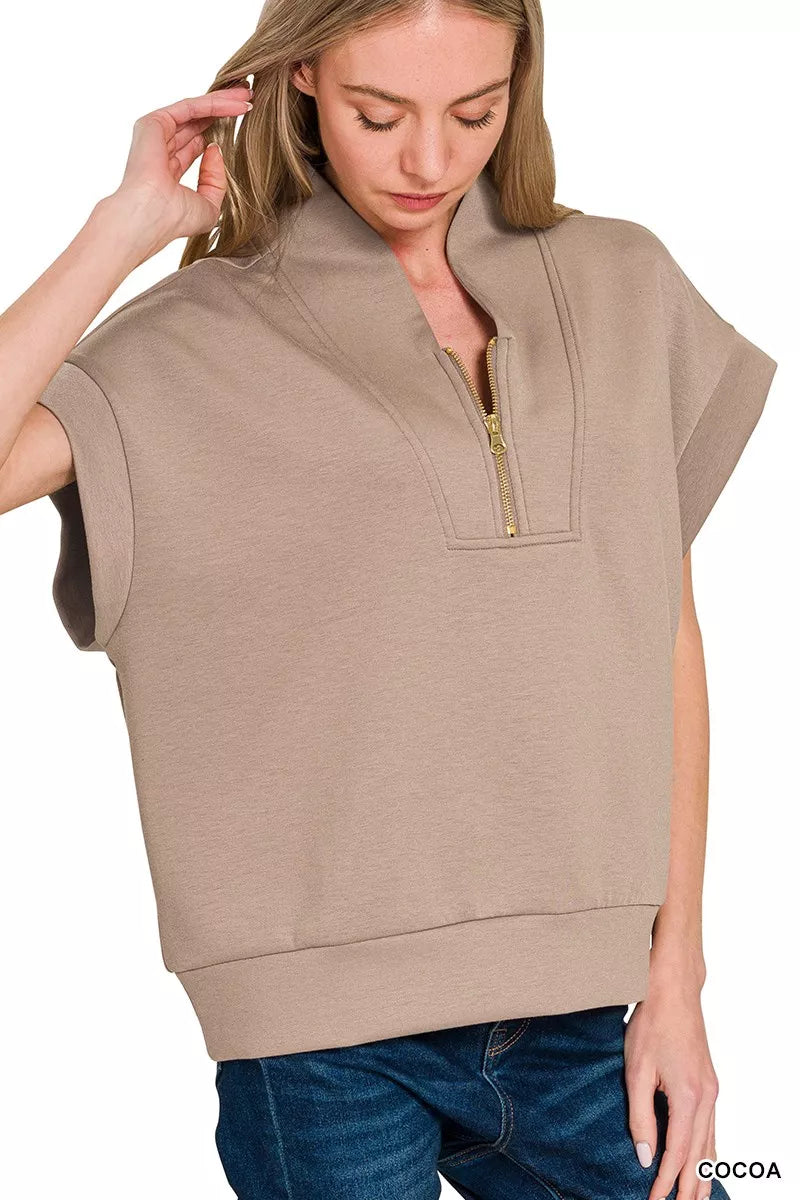 Zenana Cocoa Scuba High Neck Half Zip Top