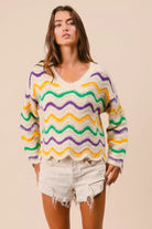 BiBi Mardi Gras Wavy Stripes V-Neck Sweater