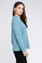 Zenana 4 Colors- Ribbed Brushed Melange Hacci Sweater with a Pocket Shirts & Tops