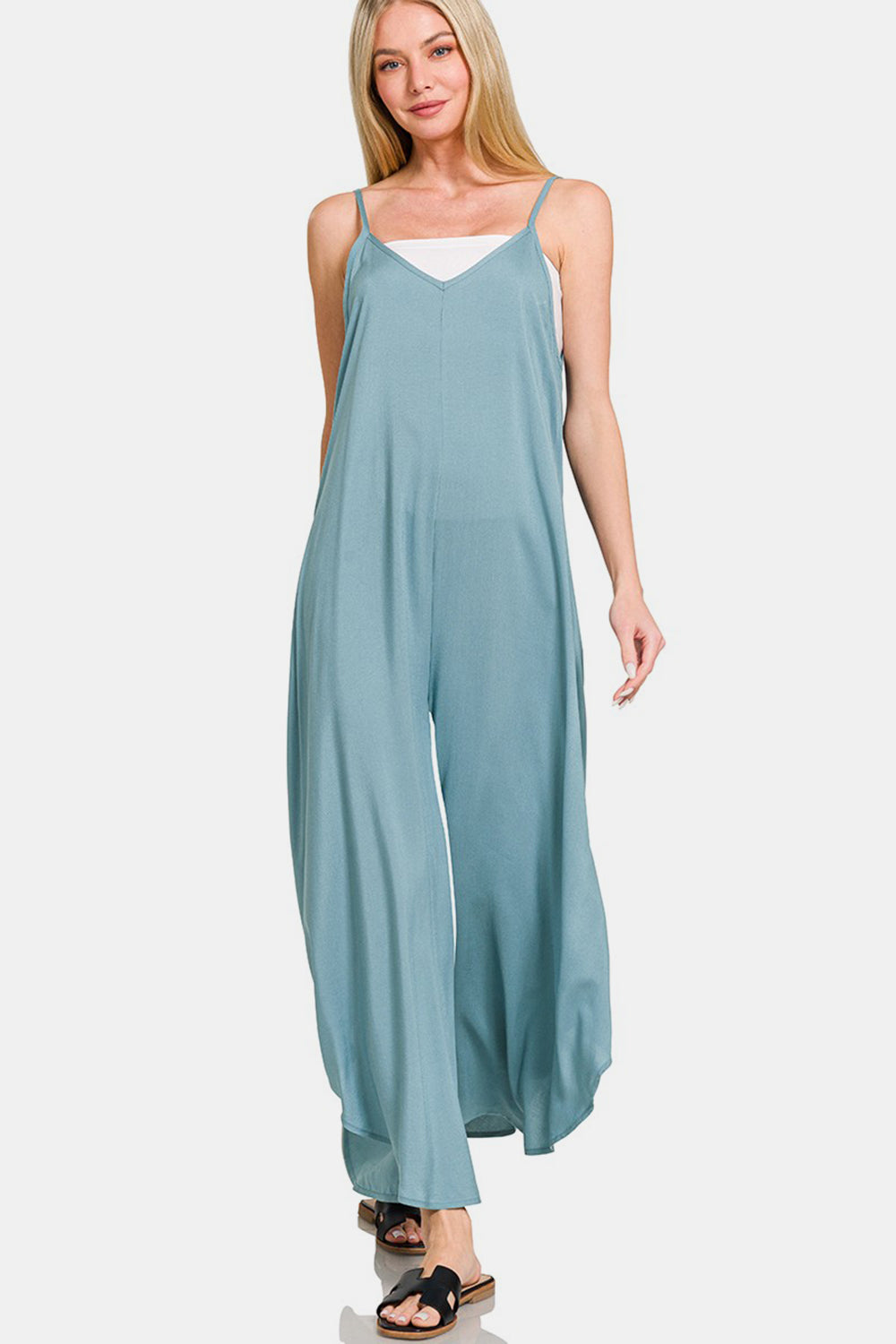 Zenana Blue Gray Spaghetti Strap Wide Leg Challis Jumper with Pockets BLUE GREY Jumpsuits & Rompers