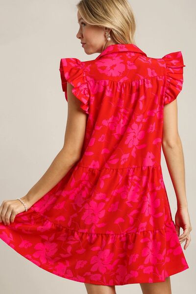 Umgee Red Floral Print Ruffle Cap Sleeve Tiered Dress