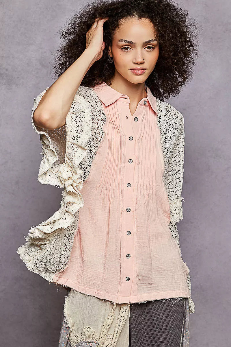 POL Baby Pink Button Down Front Pleated Shirt with Crochet Patch BABY PINK