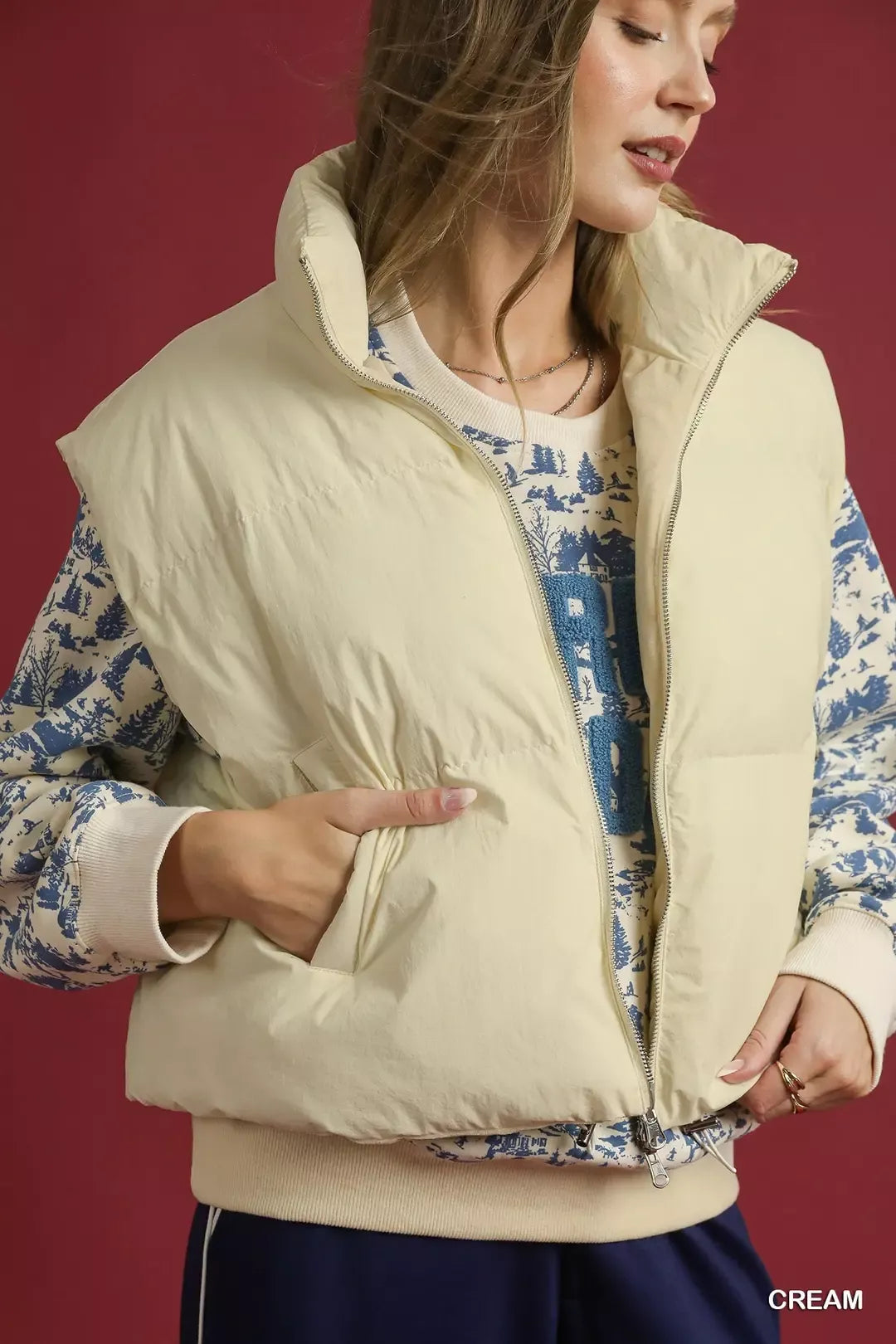 Umgee Cream High Neck Puffer Vest with Zip Front