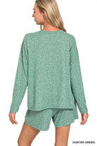 Zenana Hunter Green Soft Melange Long Sleeve Tee and Shorts Set