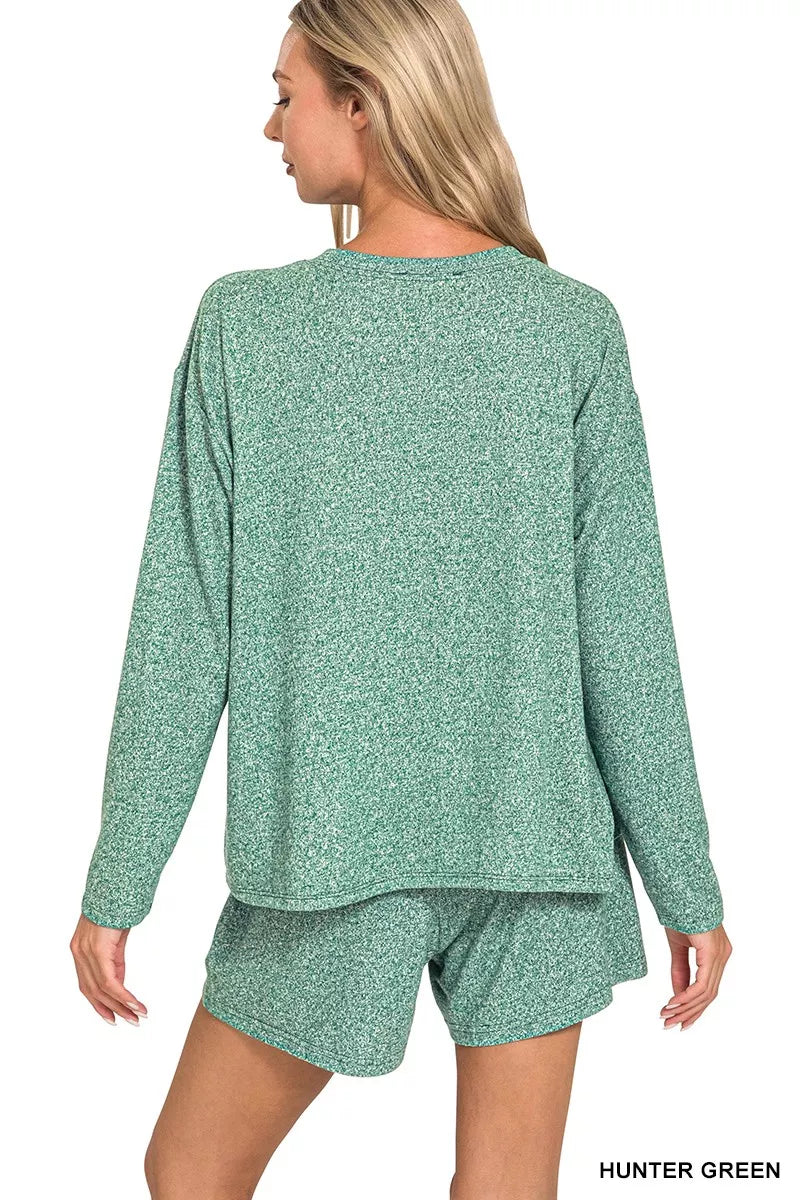 Zenana Hunter Green Soft Melange Long Sleeve Tee and Shorts Set
