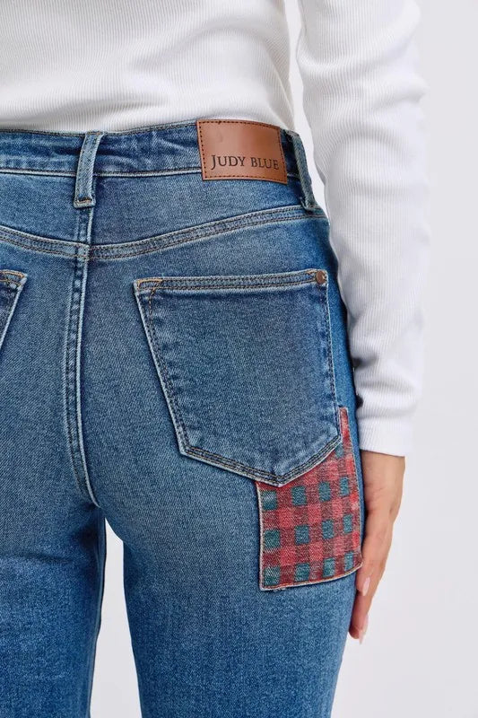 Judy Blue High Waisted Plaid Patch Slim Fit Jeans