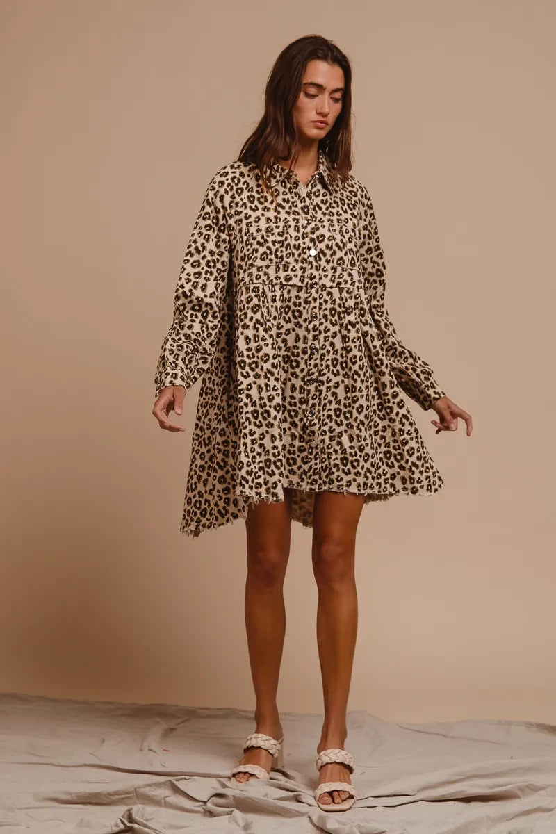 BiBi Oatmeal Washed Denim Button Down Dress with Side Pocket