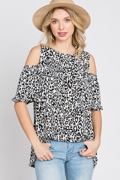 Heimish Leopard Round Neck Cold Shoulder Ruffle Sleeve Blouse