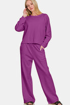 Zenana Deep Purple Round Neck Raglan Sleeve Top and Elastic Waist Pants Set Loungewear Set