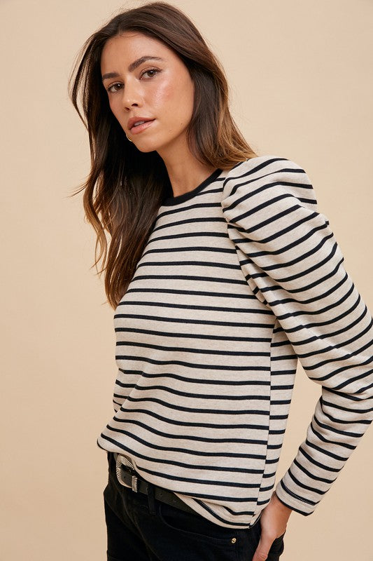 Annie Wear Black Striped Round Neck Puff Sleeve French Terry Top