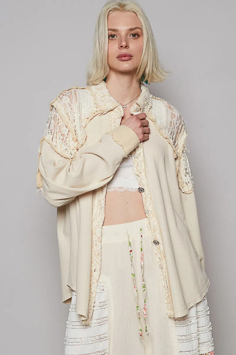 POL Cream Lace Patchwork Button Up Shacket