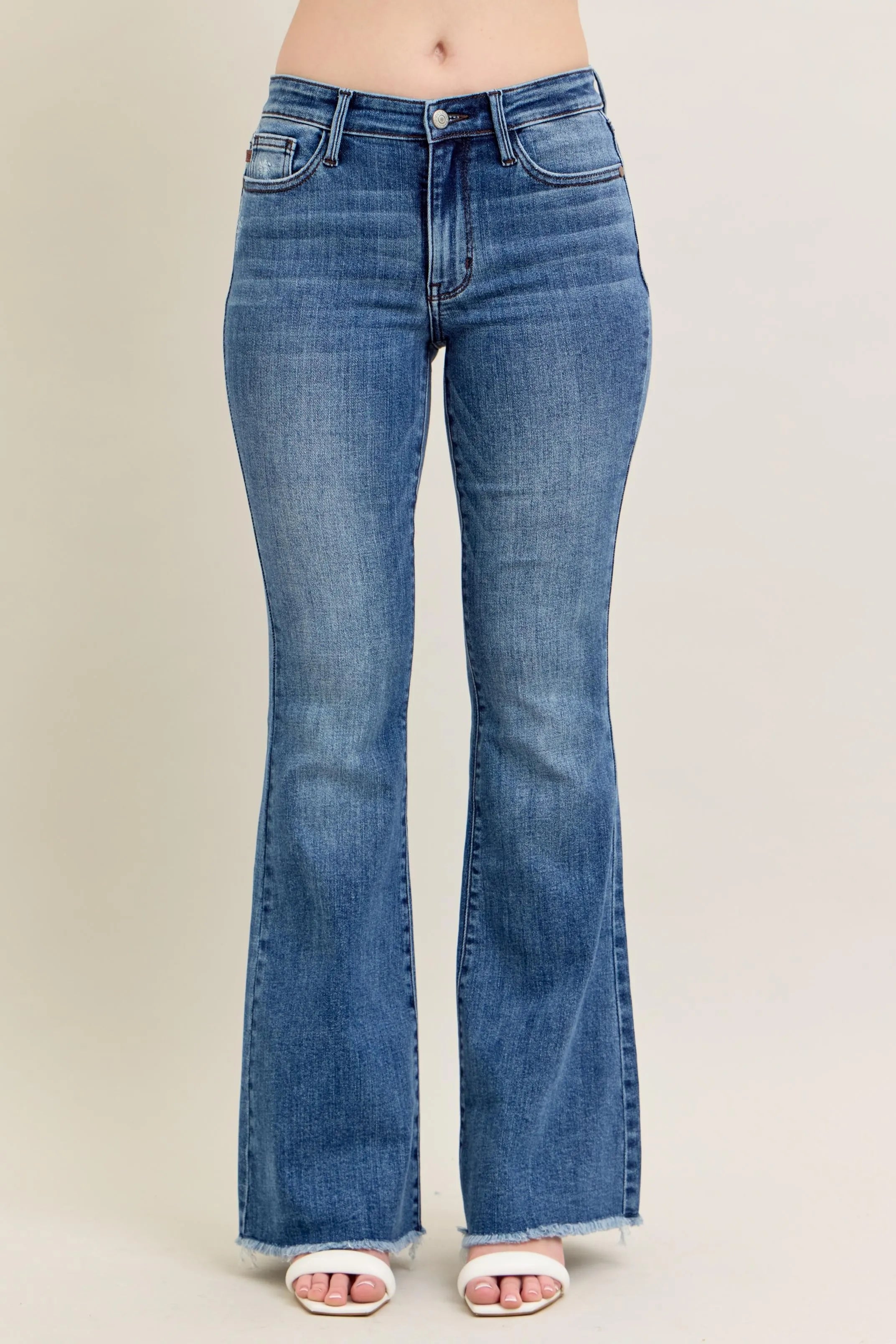 Judy Blue Mid-rise Vintage Wash Flare Jeans W/ Destroyed and Fray Hem