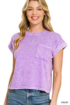 Zenana Halo Snow Washed Cotton Cuffed Short Sleeve Top VIOLET