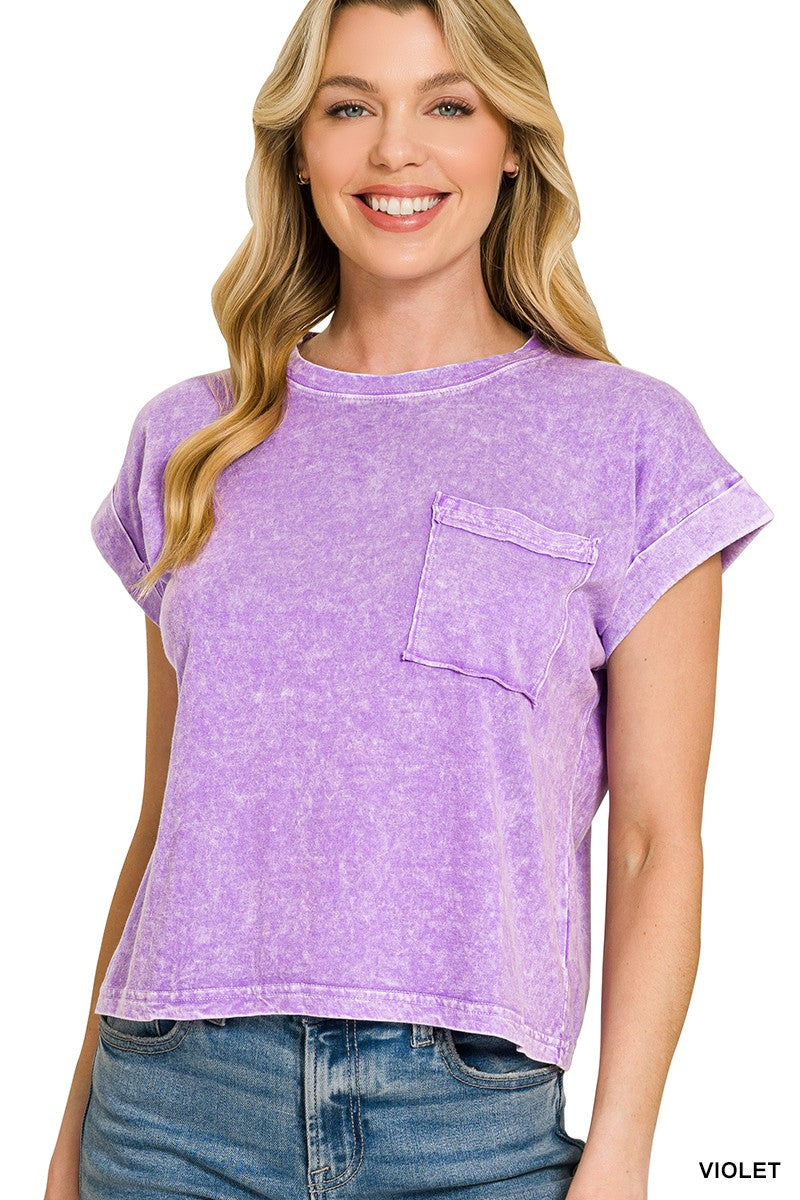 Zenana Halo Snow Washed Cotton Cuffed Short Sleeve Top VIOLET