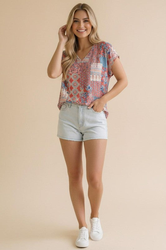 Haptics Boho Patchwork Print V-Neck Top