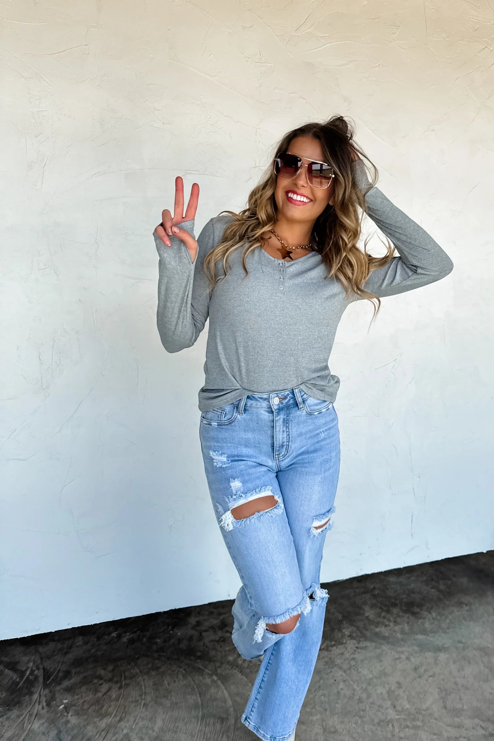 PREORDER: Blakeley Fall Brooklyn Snap Henley Top Heather Grey Womens