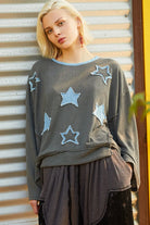POL Charcoal Exposed Seam Relaxed Fit Sweater with Star Denim Patches