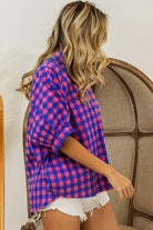 BiBi Navy & Pink Plaid Button Up Dolman Sleeve Shirt Trendsi