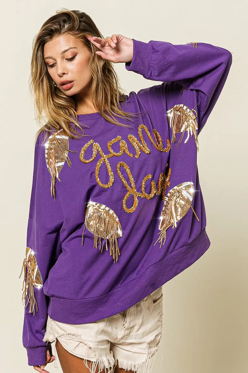 BiBi Purple & Gold Sequin Football Patches Game Day Sweatshirt