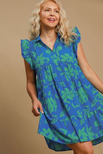 Umgee Blue Floral Print Ruffle Cap Sleeve Tiered Dress