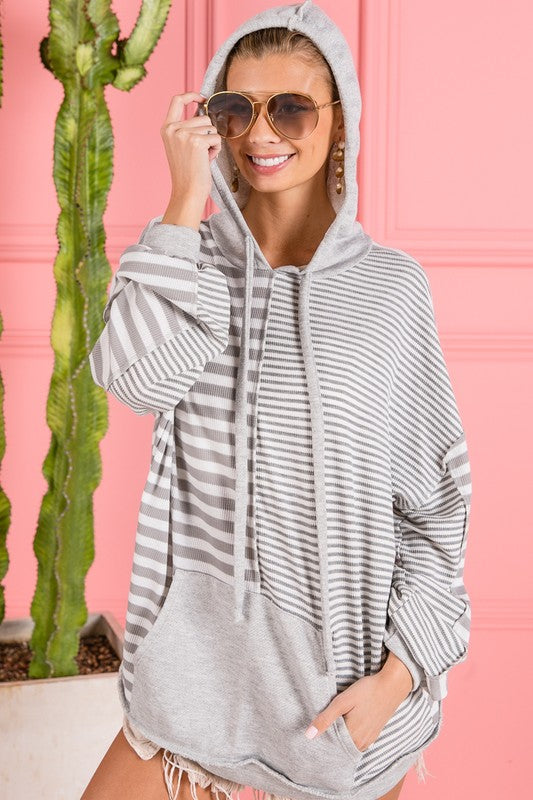 BiBi Light Gray Thermal Drawstring Striped Long Sleeve Hoodie with Kangaroo Pocket