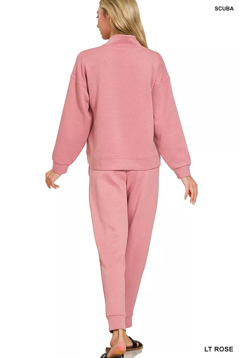 Zenana Light Rose Scuba Half Zip Pullover and Jogger Set