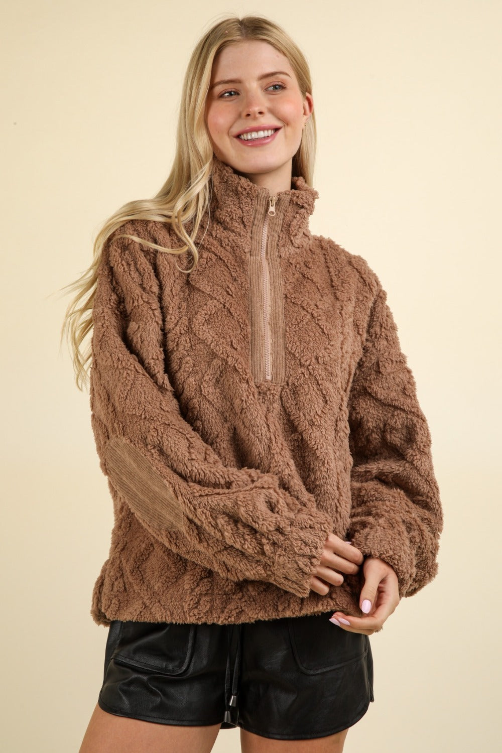 VERY J Fuzzy Fleece Half Zip Cable Pattern Sweatshirt in Mocha Mocha