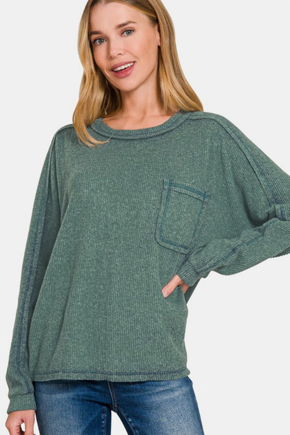 Zenana Ash Jade Contrast Stitching Brushed Ribbed Hacci Knit Top ASH JADE Shirts & Tops