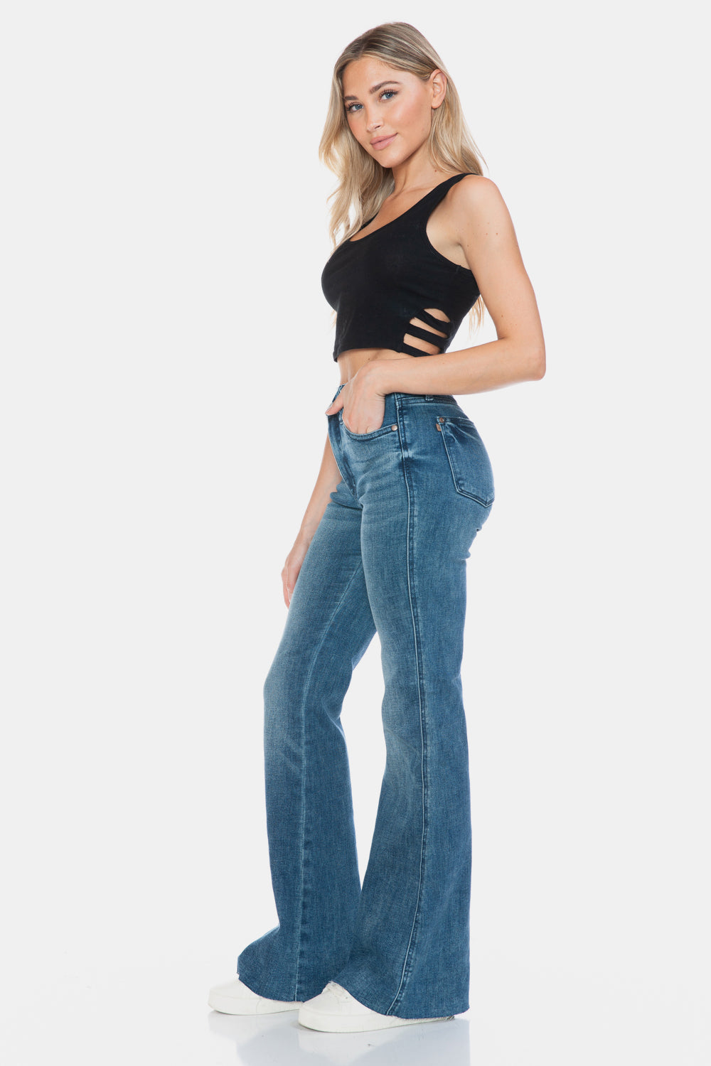 Judy Blue Medium Washed Tummy Control Cut Hem Flare Jeans Trendsi