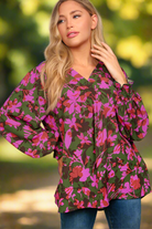 Haptics Eyes On You Forest Green Floral Smocked Bubble Sleeve V Neck Top Haptics