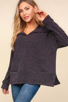 Haptics Easy Living Charcoal Textured Knit Notch Neck Oversized Collar Sweater Haptics