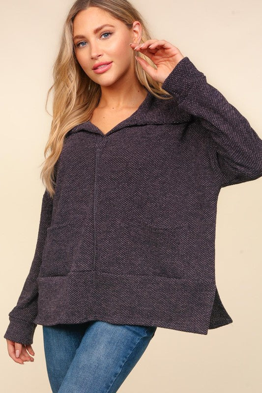 Haptics Easy Living Charcoal Textured Knit Notch Neck Oversized Collar Sweater Haptics