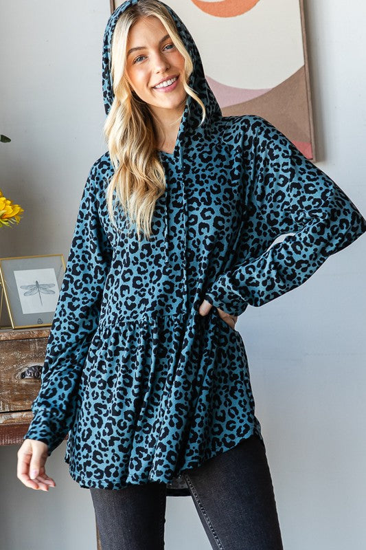 Heimish Teal Leopard Print Puff Sleeve Hooded Top