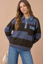 Haptics Blueberry Fields Striped Denim Collar Sweater in Brown & Slate Blue