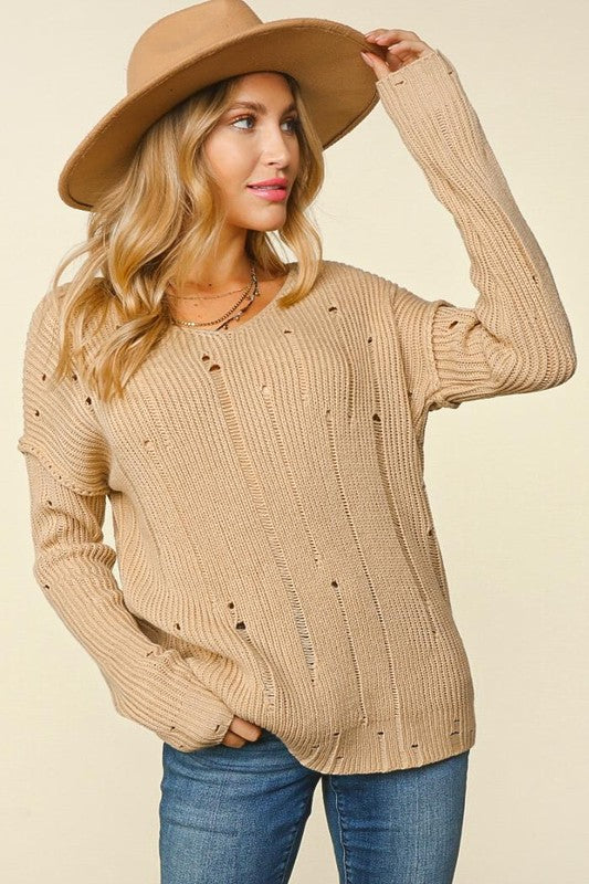 Haptics Eyes On You Taupe Distressed V Neck Ribbed Sweater Haptics