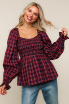 Haptics Red & Blue Smocking V-Neck Babydoll Plaid Woven Top