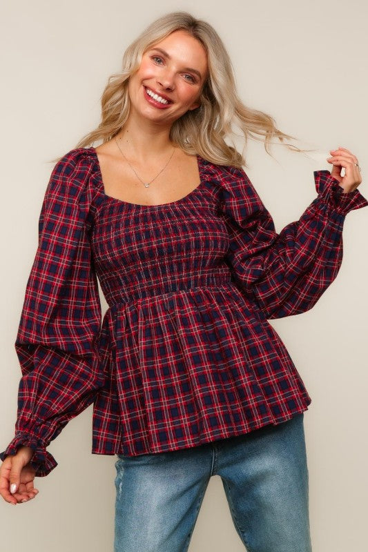 Haptics Red & Blue Smocking V-Neck Babydoll Plaid Woven Top