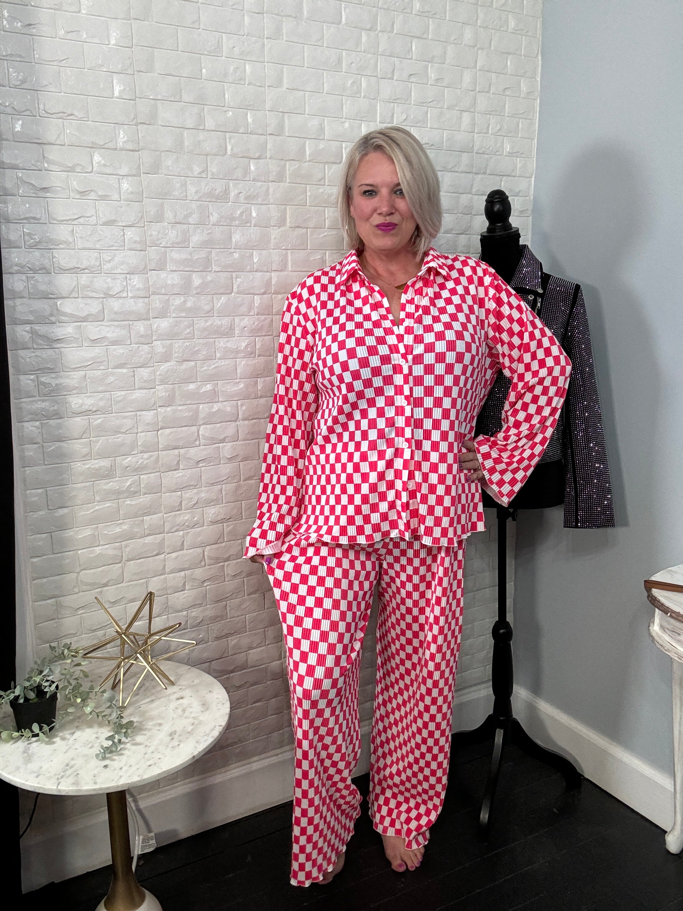 Preorder: Ruby Idol Hot Pink Ribbed Checkered Button Up Top and Pants Lounge Set Trendsi