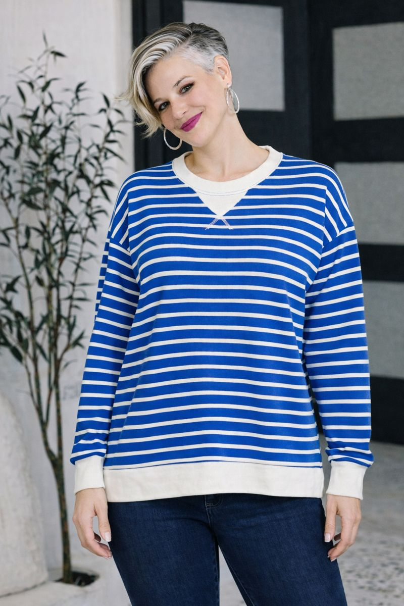 Zenana Ocean Blue Contrast Striped Round Neck Sweatshirt