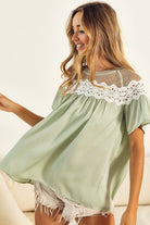 BiBi Sage Lace Yoke Detail Short Sleeve Striped Blouse Trendsi